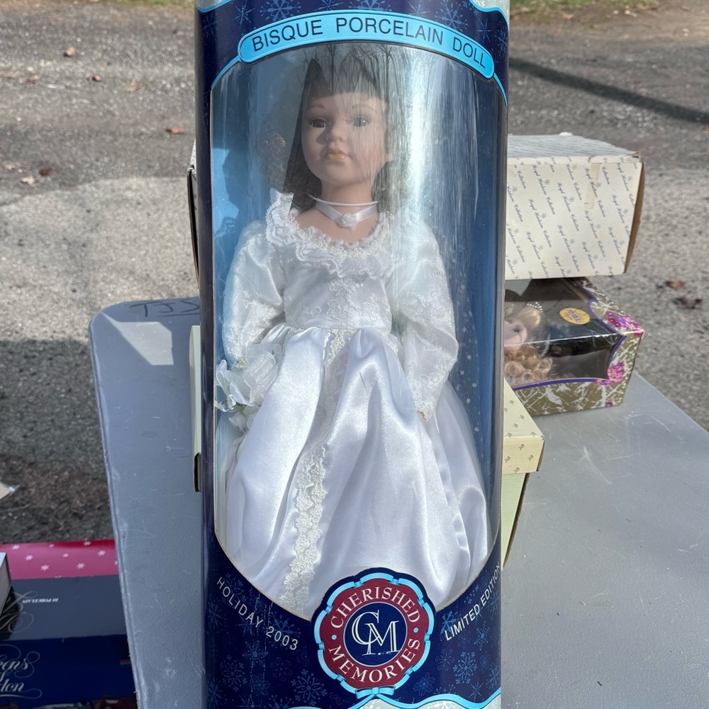 Bisque Porcelain Doll in White Dress